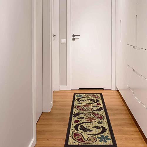 Machine Washable Paisley Design Non-Slip Rubberback 2X5 Indoor Kitchen Runner Rug For Hallway, Kitchen, Living Room, Bedroom, Entryway, 20" X 59", Beige Paisley #TOP3