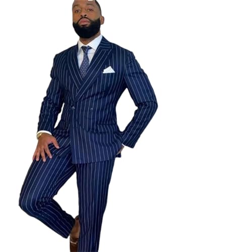 Men Blue Pinstripe Suits 2 Pieces Groom Business Slim Fit Prom Wedding Tuxedos Blazer Jacket+Pants