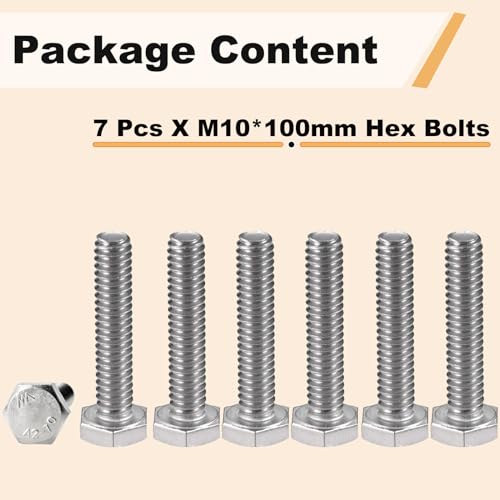 Image of 7PCS M10 Hex Bolts M10x100mm Hex Head Bolts Stainless Steel 304 M10-1.5 Hex Bolt Fully Threaded Hex Tap Bolts Metric Hexagon Head Screw Machine Bolts Right Hand External Hex Drive