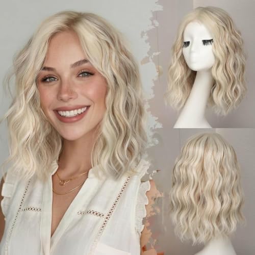 Image of Eawwii Wigs for Women Platinum,Short Wavy Synthetic Lace Wig