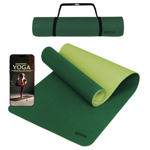 ALPIDEX Yogamatte rutschfest 190 x 61 x 0.6 cm | 190 x 90 x 0.6 cm E-Book Phthalatfreie Fitness TPE Matte Gymnastik Turnen Pilates Sport Yoga Trainingsmatte, Dark Green/Lime, 190 x 61 x 0.6 cm