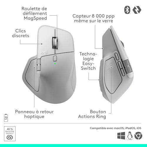 Logitech MX Master 4, Souris sans Fil Ergonomique avec Retour haptique de Performances avancées, défilement Ultra-Rapide, Recharge USB-C, Bluetooth, Windows, MacOS - Pale Gray