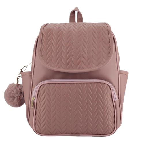 Mochila Feminina Elegante, Padrão Chevron em Relevo, Couro Sintético Bege, com Pompom Decorativo (Rosa)