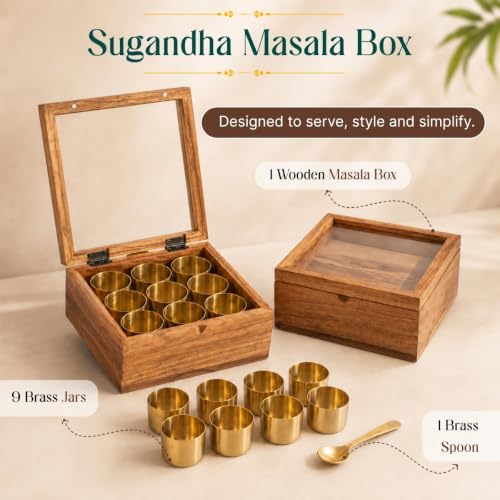 Image of Sugandha Acacia Wood & Brass Masala Box with 9 Brass Containers | 150ml Brass Spice Bowls | Handcrafted Wooden Masala Box Organizer | Kitchen Spice Storage Box | 8.75 x 8 x 4 Inches
