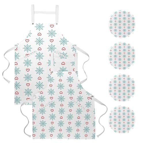 Lot de 2 tabliers de cuisine réglables avec poches motif gouvernail et coeur