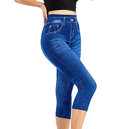 PAIDAXING Legging pour femme - Jeans imitation pantalon court avec poches - Legging 3/4 - Taille haute élastique - Pantalon boutonné - Pantalon...