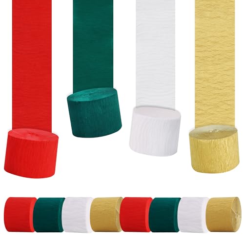 BEISHIDA 8 Rolls Christmas Green Red White Gold Crepe Paper Streamers for Party Decorations Christmas DIY Craft Paper(1.8 Inch x 82 Ft/Roll)