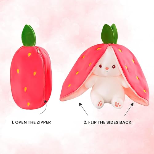 Image of Reversible Strawberry Rabbit Bunny Carrot Plush Toys with Zipper, Cute and Versatile Plushies Stuffed Animal Soft Toy Birthday Gift for Girls & Kids (Pink)