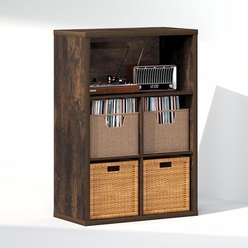 Image of Furinno Cubicle Record Player Stand, 5-Cube Record Storage, Amber Pine | Vinyl Storage, 1.2 inchInch Extra Thick, Closed Back Media Shelf for CD DVD Bluray Game Disc, for Living Room, Home Office