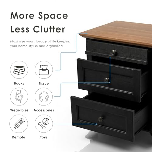24/7 Shop at Home Brixa Traditional 24-inch Wood Nightstand with 3 Drawers and Ornate Handles, Wooden Night Stand for Bedroom, Dorm, Apartment, Small Bedside Table, Modern Black by 24/7 Shop at Home - Used condition - Image 5