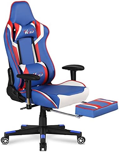 VECELO Video Gaming Chair with Seat Peak Adjustable Swivel Recliner Ergonomic Headrest,Retractible Footrest,Lumbar Pillow Esports, Blue