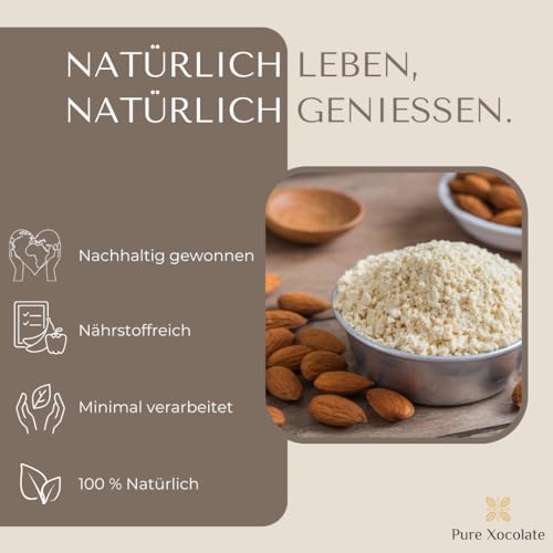 Pure Xocolate Premium Mandelmehl Blanchierte & Gemahlene Mandeln, Mandelprotein, Vegan, Glutenfrei, Entölt, Ideal für Low-Carb & Keto, 500g (500, Gramm)