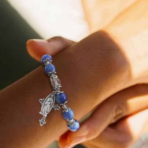 Komi Gemstone Beaded Stretch Bracelet 10Mm Round Beads Catholic Rosary Bracelet With Crucifix & Guadalupe Medal, Beads Bracelet For Women Catholic Religious Jewelry thumb #4