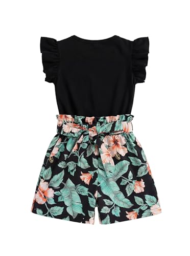 Image of Girls 2 Piece Outfits Summer Ruffle Sleeve Top and High Waisted Striped Shorts Set for Girls 7-14