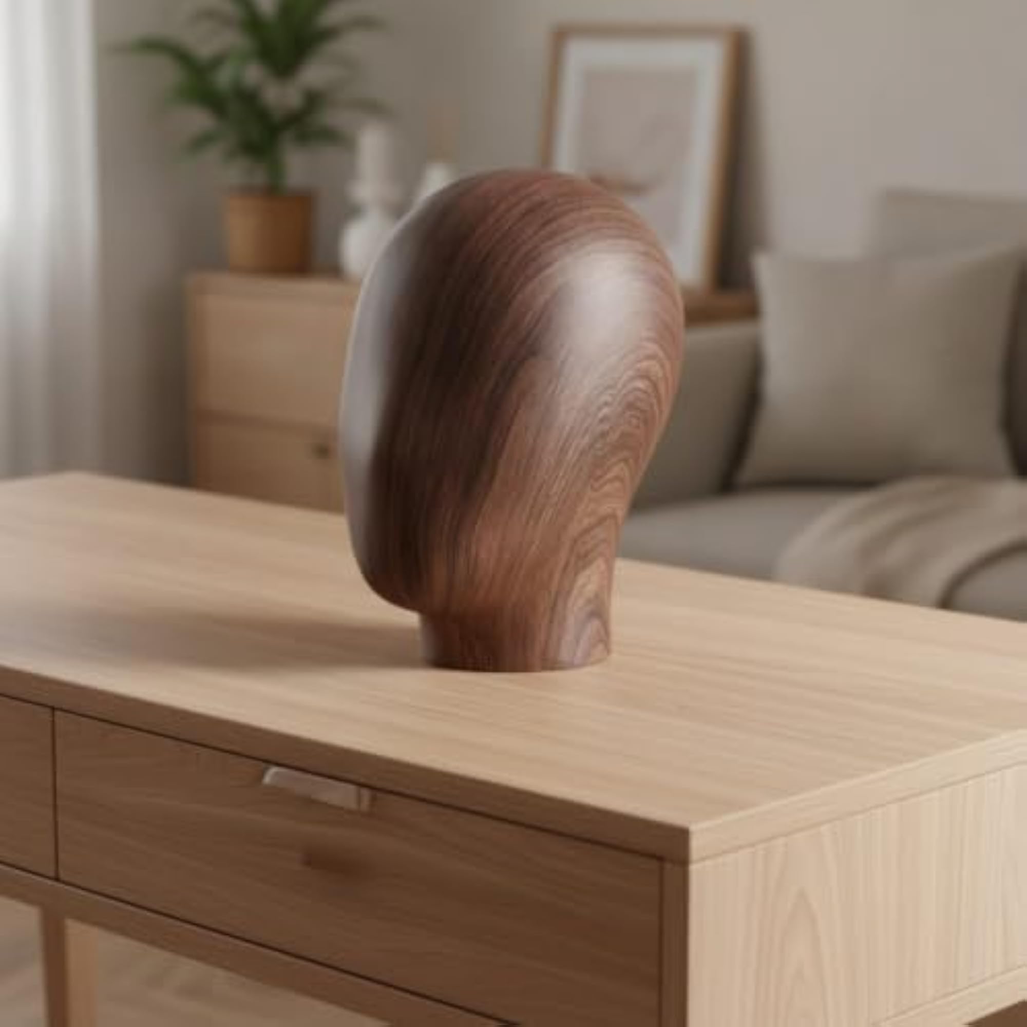 Natural Wood-Grain Tabletop Hat Display Model Head with Stand