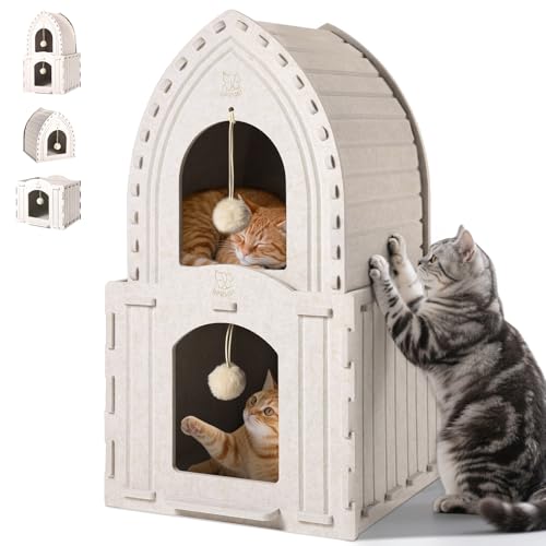 Apasiri 2-Story Cat House for Indoor Cats: Convertible 2-in-1 Felt Cat Condo, Scratch-Resistant Cat Beds with Hanging Toys, Hideaway Cave for Multi Small Pet Kitten
