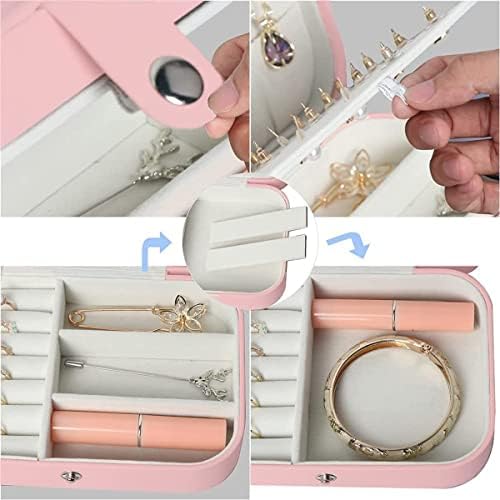 Jewellery Box, Travel Jewellery Box, with 5 Silver Polishing Cloths, 2 Layer Jewlery Case, PU Leather Mini Portable Jewerly Storage Holder, for Earrings, Ring, Necklaces, Bracelets (Pink)