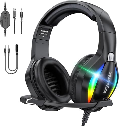 Krysenix PG1 Gaming Headset for PS4, PS5, PC, Xbox one, Switch, Wired Gamer Headphones with LED Light,Black