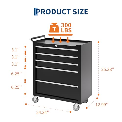 IDEALHOUSE Rolling Tool Chest, 5 Drawers Tool Storage Cabinet, Toolbox with Wheels, Portable Tool Cabinet Organizer with Locking System & Drawer Liners, Tool Storage Cart for Garage, Workshop, Black by IDEALHOUSE - Image 2