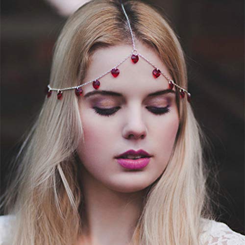 Eollan Boho Tassel Head Chain Red Heart Pendant Headband Bridal Charm Hair Accessories Halloween Festival Hair Chain for Women and Girls(Red gem)