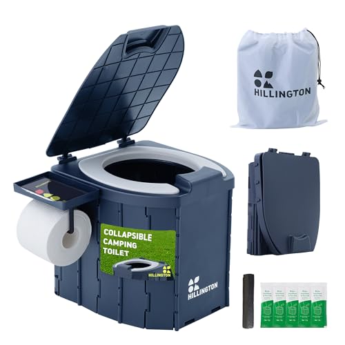 Hillington Portable Camping Toilet 150kg Capacity Foldable Travel Toilet with Padded Seat Carry Bag Toilet Roll Holder & Disposal Bags with Absorbent Gel - Portable Toilet for Camping & Festivals