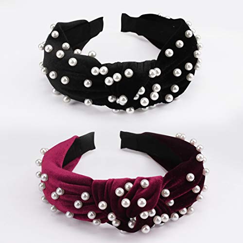 TOBATOBA 2 Pack Pearls Headband Wide Hair Hoop Velvet Headband Vintage Twisted Headwear for Woman,2 Colors