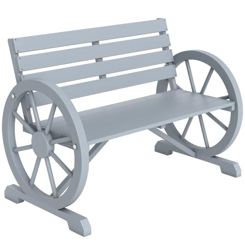 Outsunny 41' Wooden Wagon Wheel Bench, Rustic Outdoor Patio Weather Resistance Furniture, 2-Person Slatted Seat with Bac