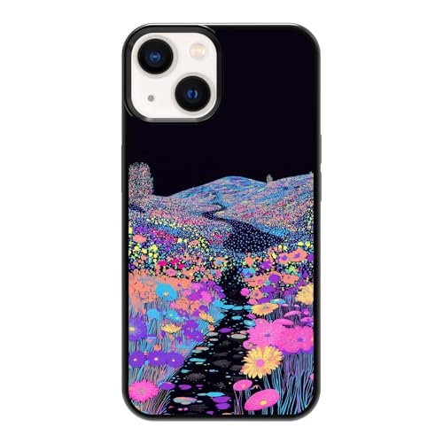 qizjio Neon Psychedelic Flower Field Trail Vibrant Dot Art Phone Case, Shockproof Protective Cover for iPhone 15