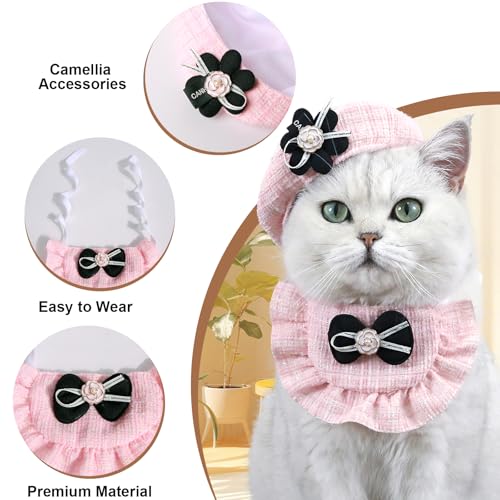 2 peças de chapéu de boina de gato com camélia, conjunto de cachecol bandana de arco ajustável, fant