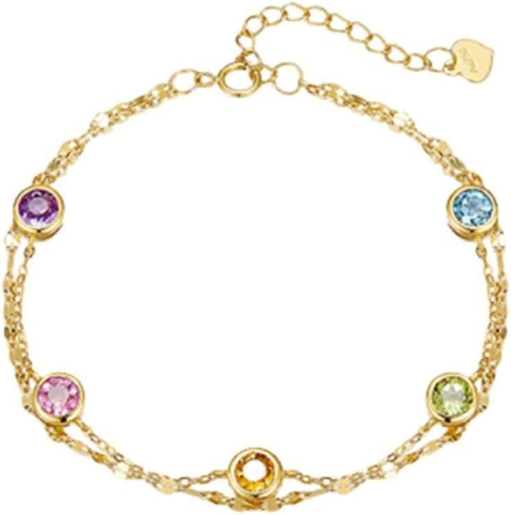 Chain Bracelets Gold for Women 9 K / 14 K / 18 K, Double Layer Chain with Colorful Natural Gemstones, 6.3" + 1.97" Extender, Women's Gold Colorful Bracelet Adjustable Wedding