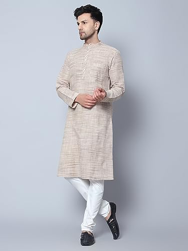 Image of LATEST CHIKAN Men's Cotton Regular Textured Long Kurta Full Sleeves - Casual Ethnic Wear