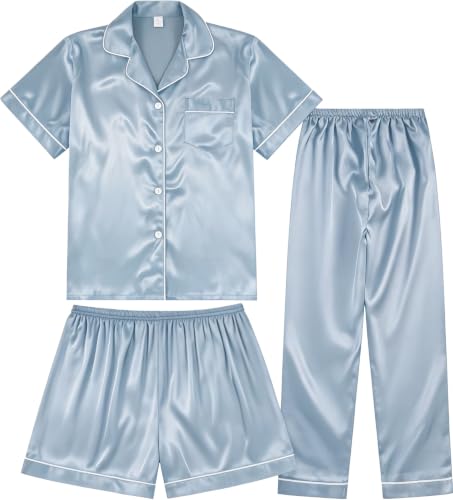 Image of 3 Piece Silk Satin Pajama Set for Women Soft Short Sleeve Button Down Pjs with Shorts Long Pants Sleepwear S-XXXL