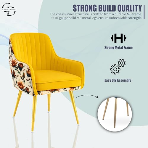 Image of Velvet Accent Chair | Luxury Upholstered Armchair with Sturdy Metal Legs | Modern Comfortable Chair for Living Room, Bedroom, Office, or Cafe (Golden Legs, Yellow Floral)