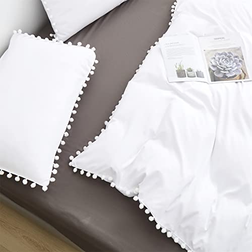 Karever White Pom Pom Comforter Queen Size Pom Pom Fringe Comforter 3 Pieces Soft White Boho Ball Pom Pom Queen Comforter Bedding Set Women Men Solid White Queen Bed Comforter For All Season As Gift #TOP3