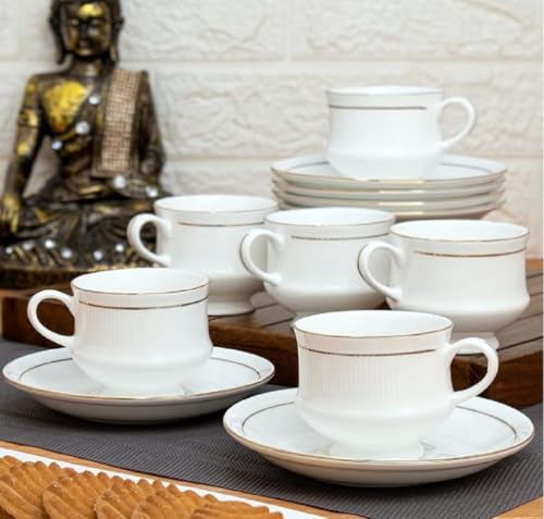 Image of Bharat Trade Dynamics Fine Bone China White Cups and Saucer with Golden Line, 150 ml Tea Cup Set of 6 Cup and Saucer Set for Tea Milk Coffee Chai, Teacup Set