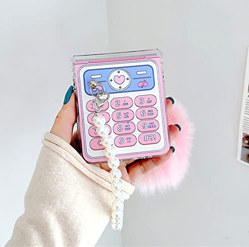 Cute Cartoon Case For Galaxy Z Flip 3 For Grils, Pearl Strap Case For Z Flip 3 With Pompon, Women Wristband Case For Galaxy Z Flip 3 With Pink Phone Print #TOP4