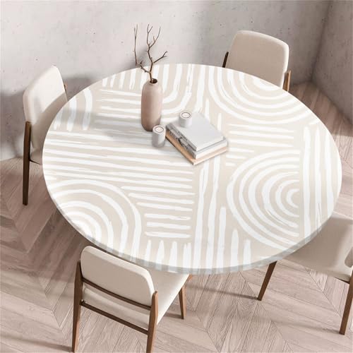 Treer Round Tablecloth, Geometric Texture Wipeable Round Table Cloth, Washable Table Protector, Elastic Edged Fitted Backed Table Cover for Dinning Room Kitchen Picnic Party (Beige,110cm)