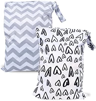 Little & Lourdes 2-Pack Travel Laundry Leakproof Wet Bags, Wet Dry Bag for Baby Diapers Sports Workout Gym Clothes Sweat Swimsuits, Swimming Equipment Bags (Hearts & V-Shaped Stripes)