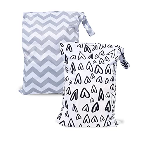 Little & Lourdes 2-Pack Travel Laundry Leakproof Wet Bags, Wet Dry Bag For Baby Diapers Sports Workout Gym Clothes Sweat Swimsuits, Swimming Equipment Bags (Hearts & V-Shaped Stripes) #TOP30