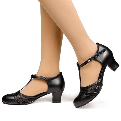 ARCLIBER Women's Ballroom Character Shoes Leather Pumps Ankle Strap 1.55" Modern Dance Heels for Latin4
