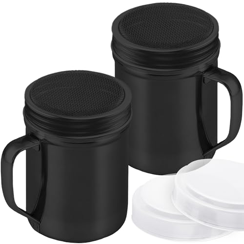 CUSINIUM 6 Ounce Black Powder Sugar Shaker With Handle - Fine Mesh - With Plastic Cap - Pack of 2