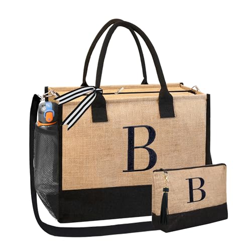 Image of BeeGreen Bridal Gifts for Bride Shower Engagement Gifts for Bride Personalized Tote Bag for Wedding, Initial Jute Tote Bag for Bridemaids Bachelorette Women Friends Mother Monogrammed B, Large