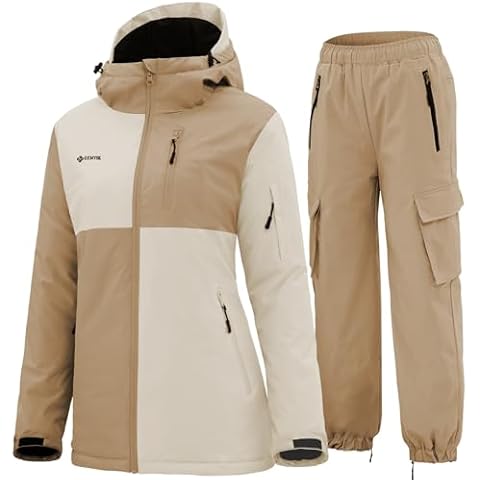 GEMYSE Women's Ski Snow Jackets and Pants Set Windproof Waterproof Snowsuit Warm Winter Snowboarding Insulated Coat(Apricot Illusion White,Large) Cover