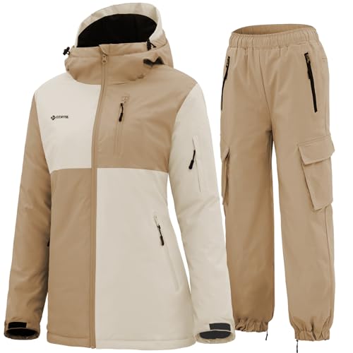 GEMYSE Women's Ski Snow Jackets and Pants Set Windproof Waterproof Snowsuit Warm Winter Snowboarding Insulated Coat(Apricot Illusion White,Large)