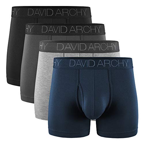 DAVID ARCHY Men's Underwear Breathable Boxer Briefs Bamboo Rayon Trunks with Fly in 4 Pack (L, Black/Dark Gray/Navy Blue/Heather Gray - 4.5