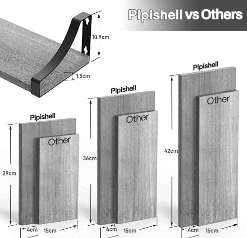 Pipishell Floating Shelves Wall Mounted Shelf, Gray Paulownia Wood Wall Shelves, Wooden Shelves Set of 3 for Bedroom, Bathroom, Living Room, Kitchen, Home Office, Laundry room,etc