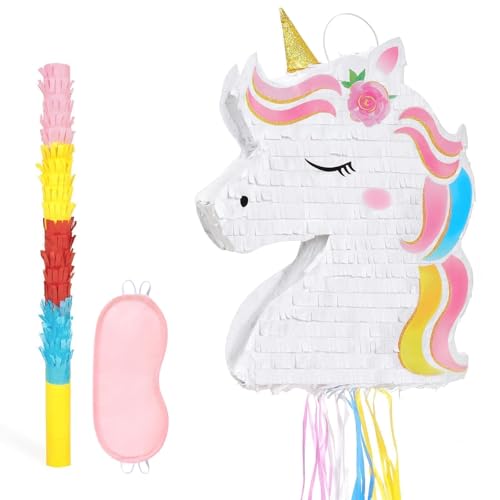 WERNNSAI Piñata Licorne Pliable – Piñata Licorne Arc-en-ciel avec Bandeau et Bâton Décorations Licornes Roses À Tirer pour Petites Filles Jeux pour Fêtes D'Anniversaire sur le Thème des Licornes
