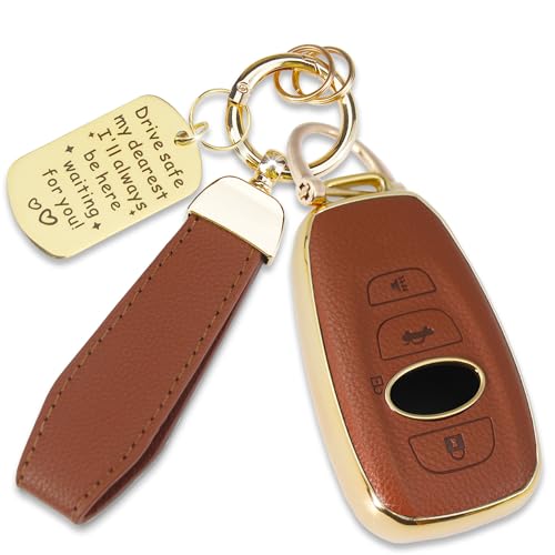 Quekine Soft TPU & Leather Key Fob Cover Compatible with Subaru Impreza Outback Legacy Ascent Forester WRX Crosstrek STI BRZ, with Keychain & Metal Blessing Tag (4 Button Brown)