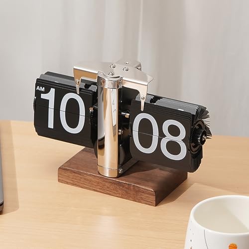 VBESTLIFE Retro Digital Flip Down Clock Battery Powered Internal Gear Operated Clock Classic Mechanical Black Walnut Base for Home & Office Decor (Silver)