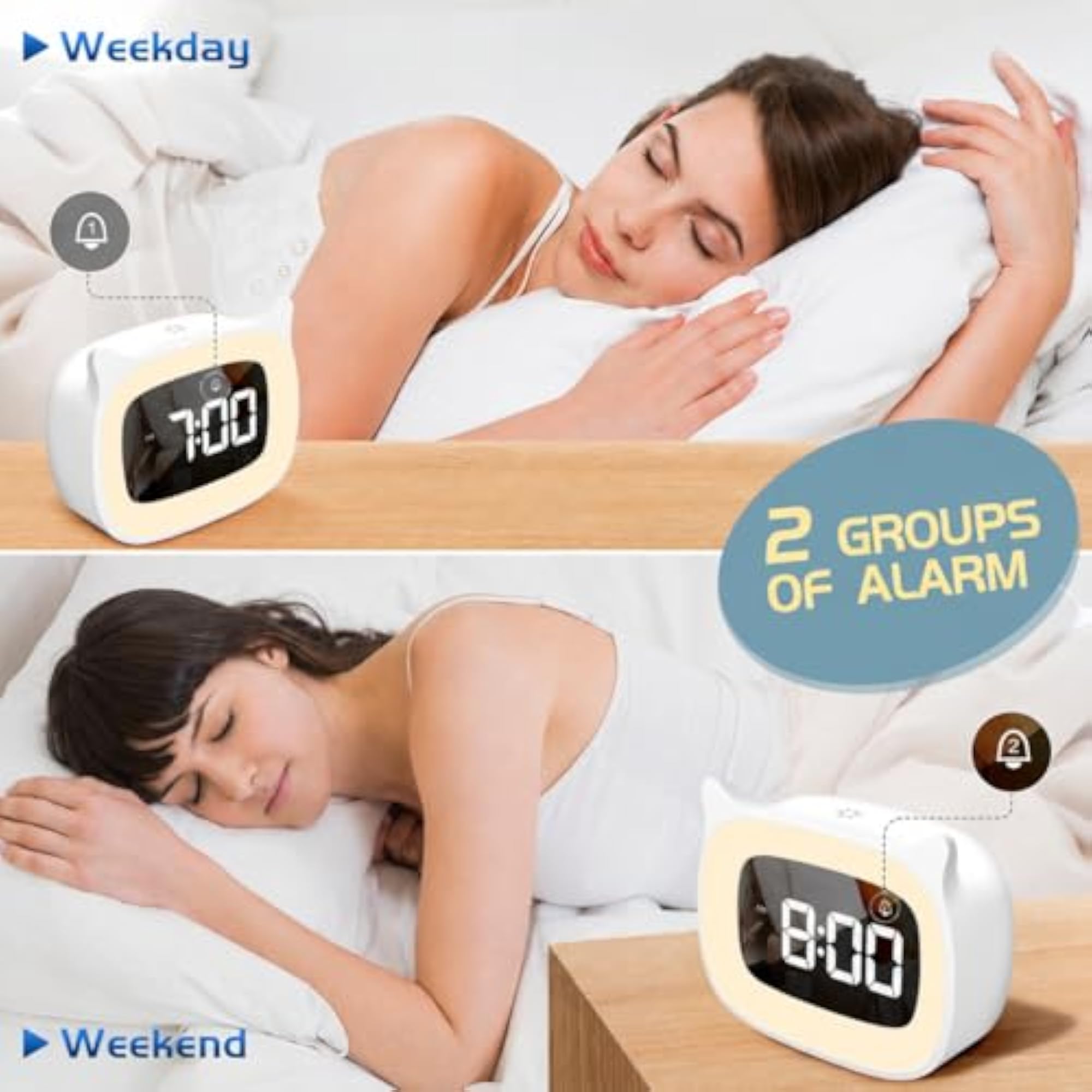 Kids Alarm Clock with Night Light, Cute Cat Ear Digital Clock